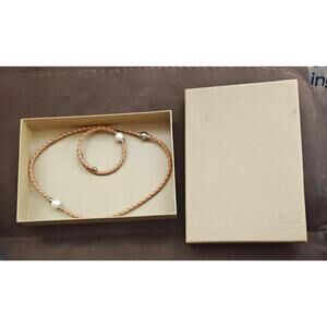 Cultured Freshwater Pearl Imitation Leather Bangle Bracelet & Necklace